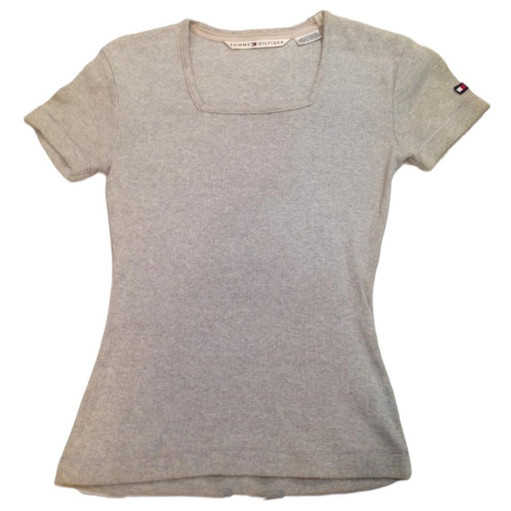 Y2K Tommy Hilfiger Gray Square Neck Ribbed Short Sleeve Top
